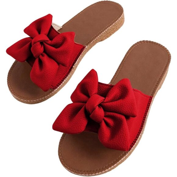 Shoes - Women's Bow Red Knot Open Toe Leather Flat Slides Slippers Shoes